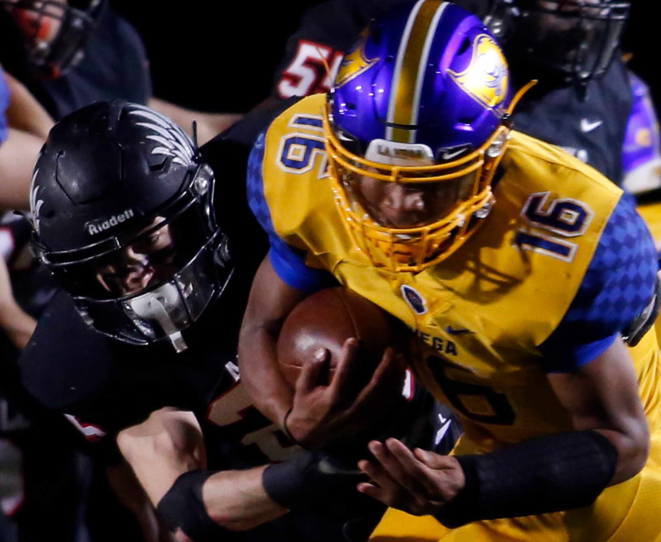 Waco LaVega quarterback Ara Rauls lll (16) is sacked for a loss by Argyle defensive back...