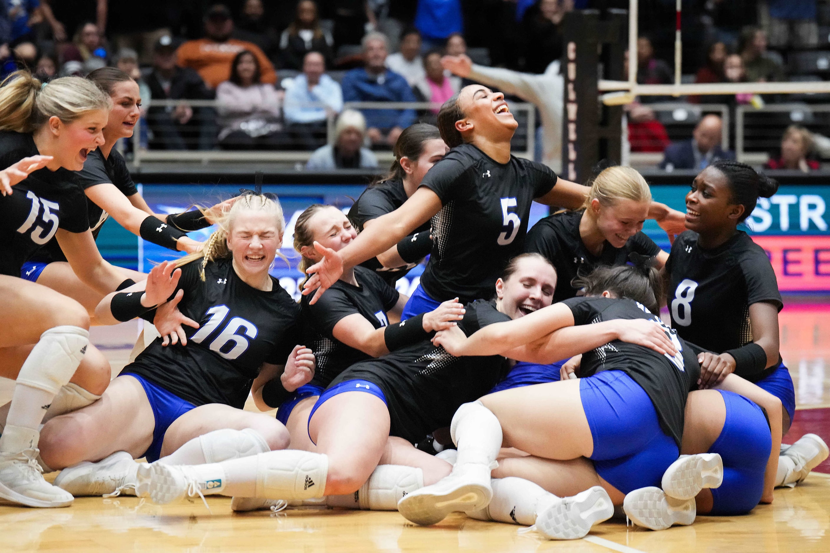 Trophy Club Byron Nelson players celebrate after defeating Houston Stratford to win the UIL...