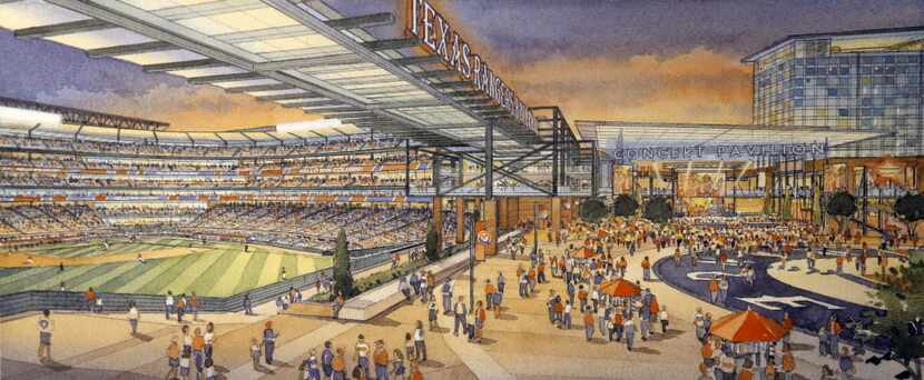 An artist rendering shows the outfield plaza of a new retractable roof ballpark (left) that...
