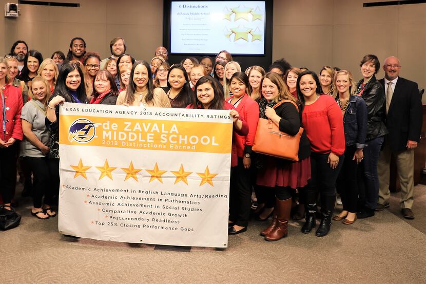 De Zavala Middle School in Irving celebrates earning six distinctions from the Texas...