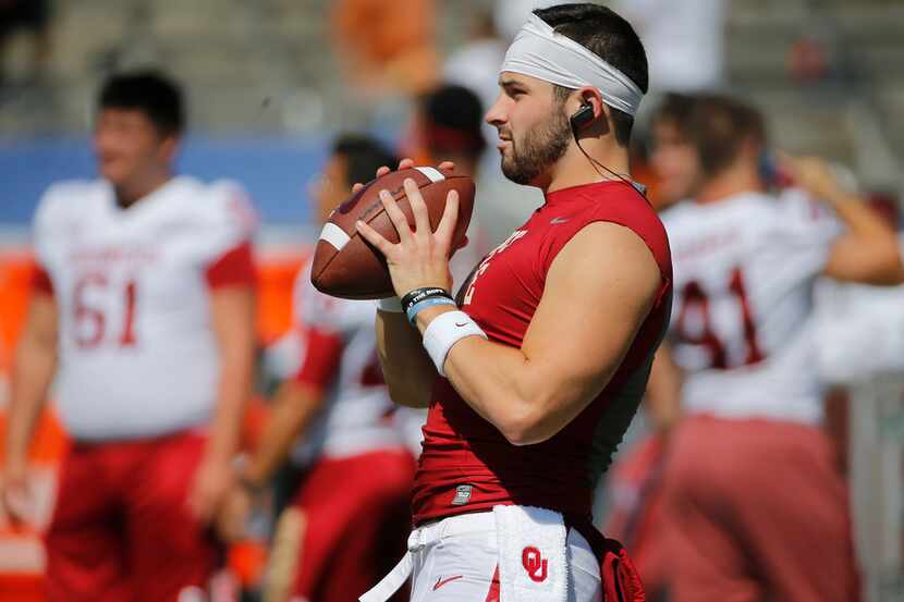 Oklahoma Sooners quarterback Baker Mayfield (6) is pictured during pregame warmups before...