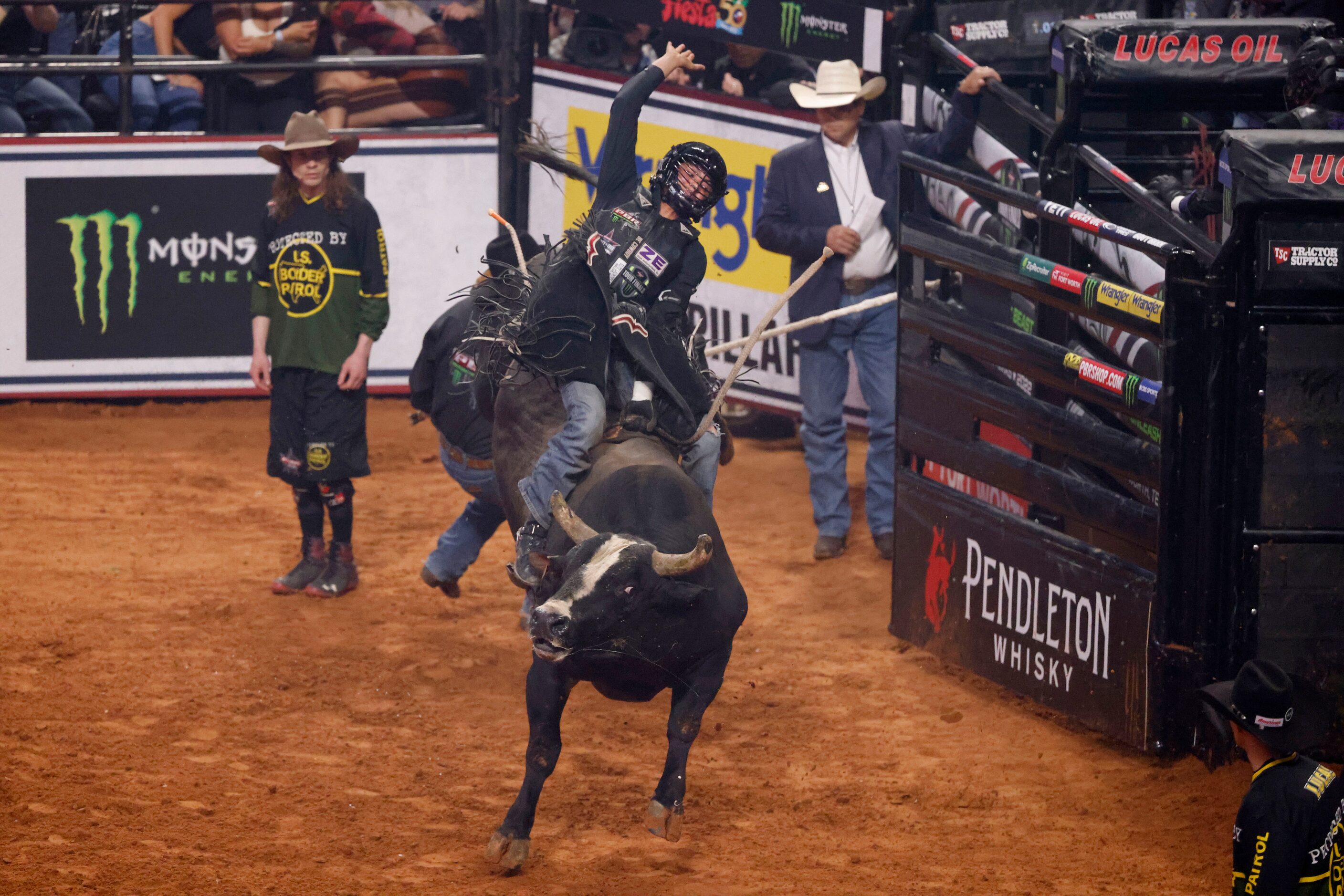 Cody Jesus scores a 90.25 on “I’m Legit Too” during the PBR World Finals in Fort Worth,...