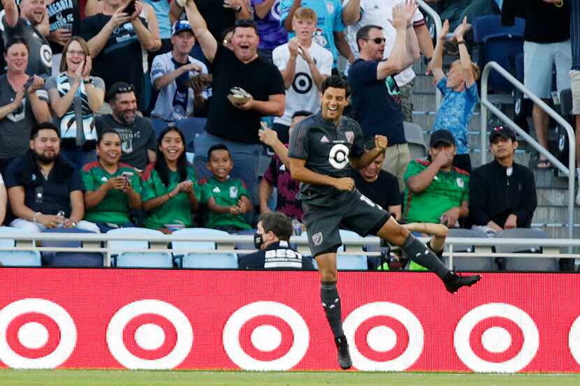 MLS All-Star Carlos Vela celebrates his goal during the first half of the MLS All-Star...