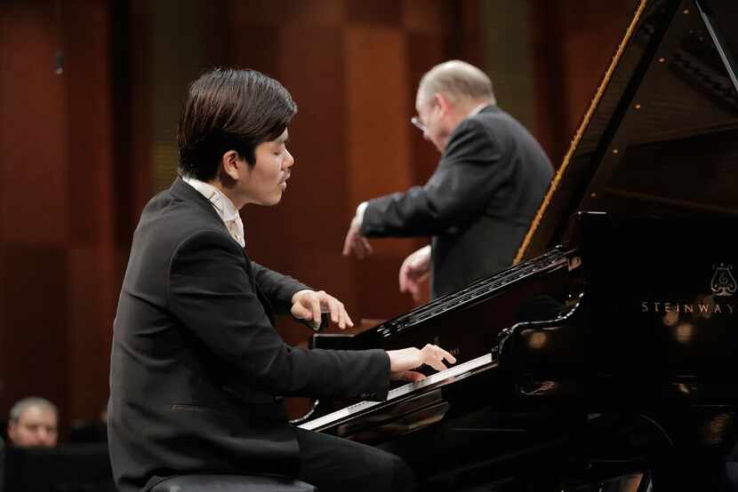 Pianist Hongii Kim performs with conductor Nicholas McGegan and the Fort Worth Symphony...