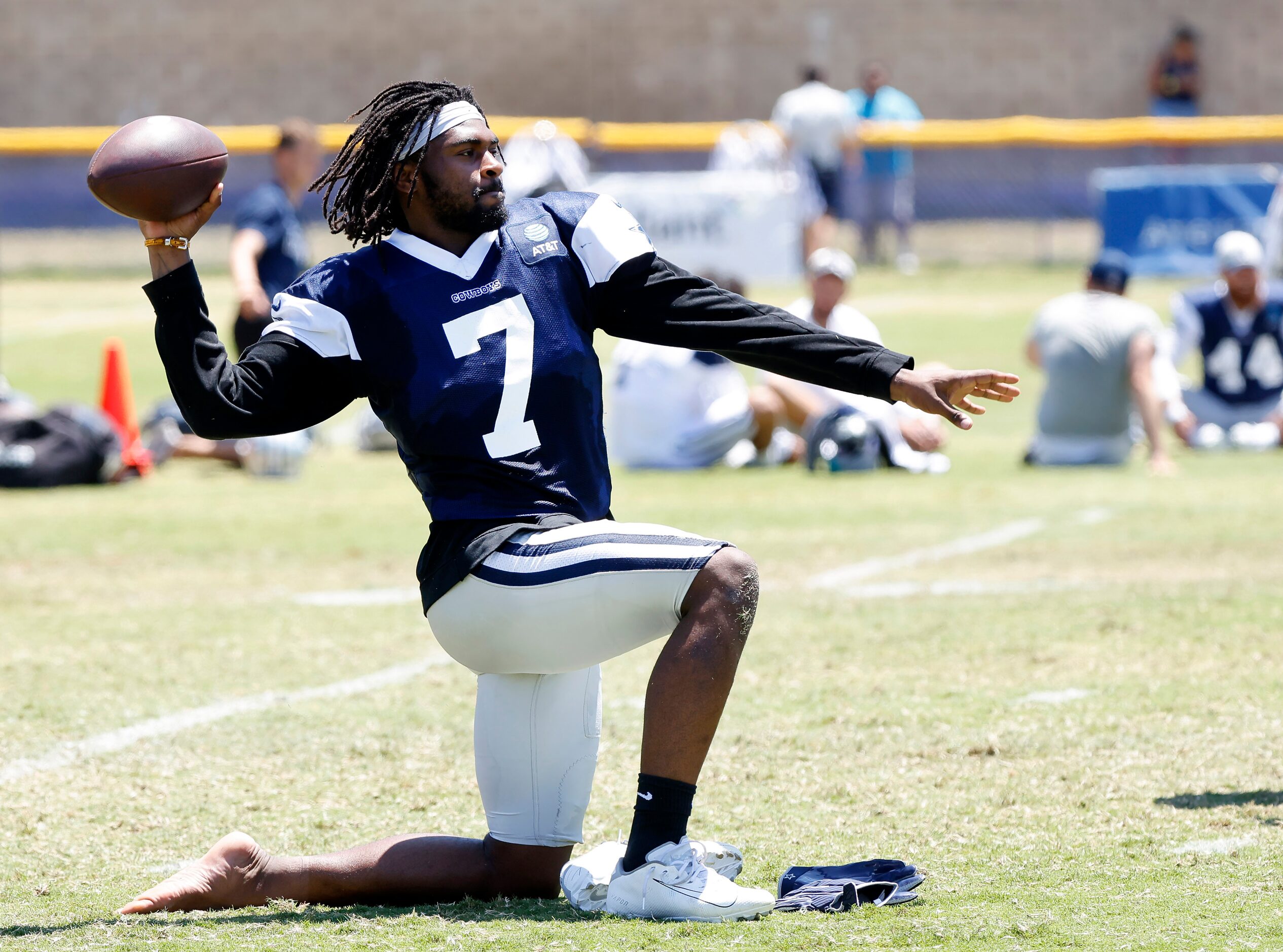 Dallas Cowboys cornerback Trevon Diggs (7) plays catch at the end of training camp practice...