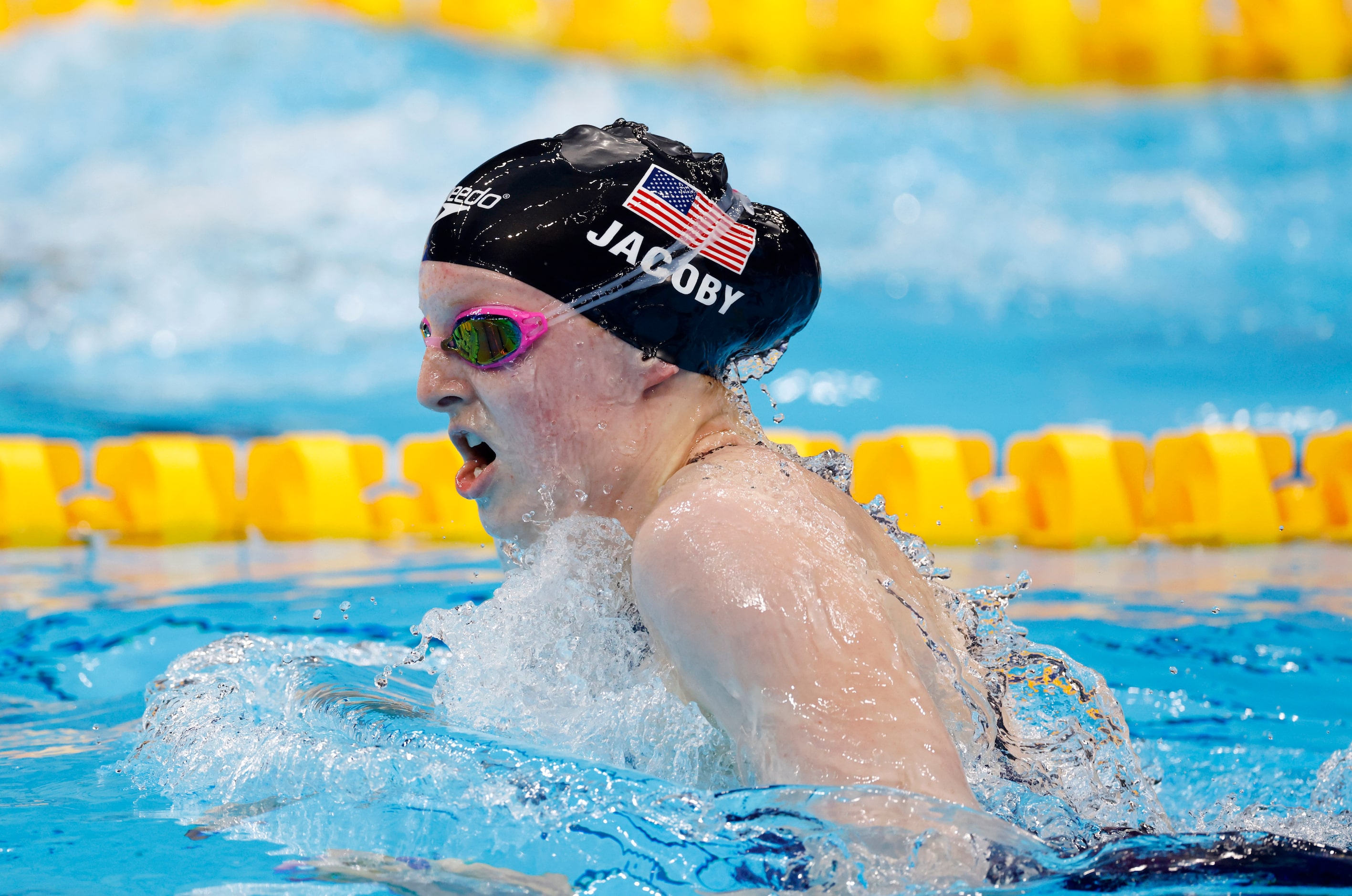 USA’s Lydia Jacoby competes in the women’s 100 meter breaststroke final during the postponed...