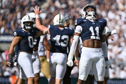 Penn State defensive end Abdul Carter (11) celebrates a tackle against UCLA during the third...