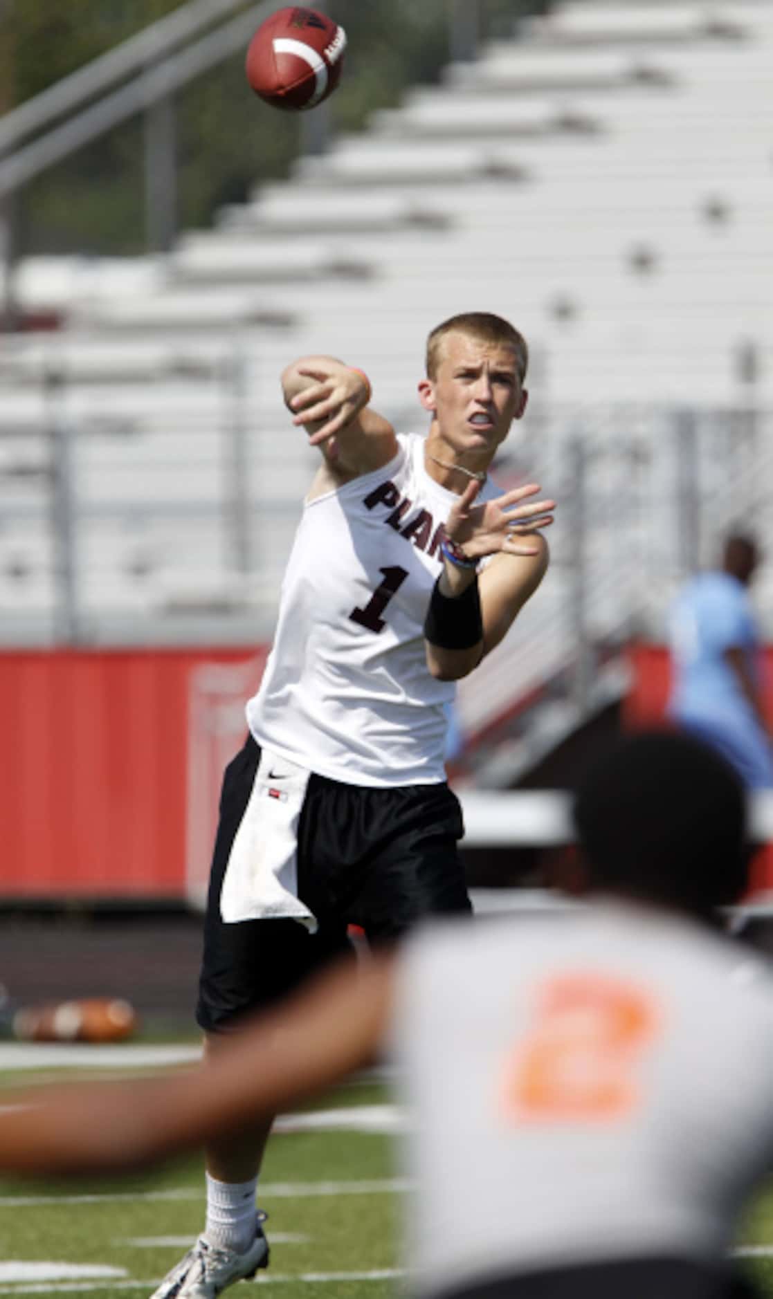 Plano quarterback Richard Lagow (1) throws a pass during the Red Bull Game Breakers 7 on 7...