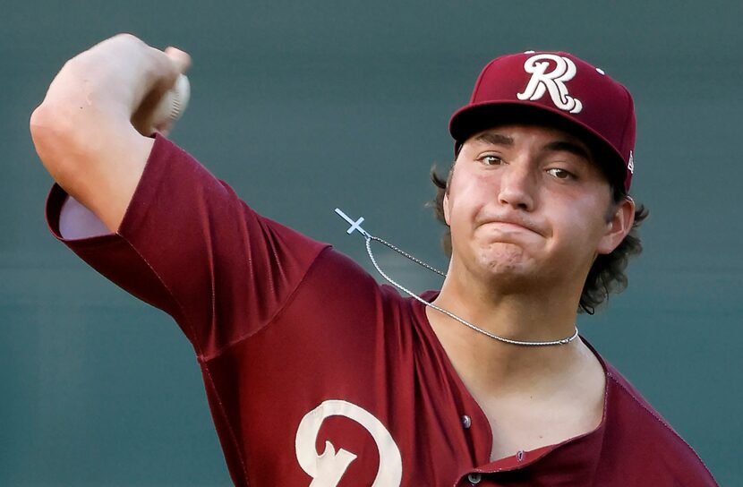 Texas Rangers prospect Owen White pitches for the Double A Frisco RoughRiders in a game...