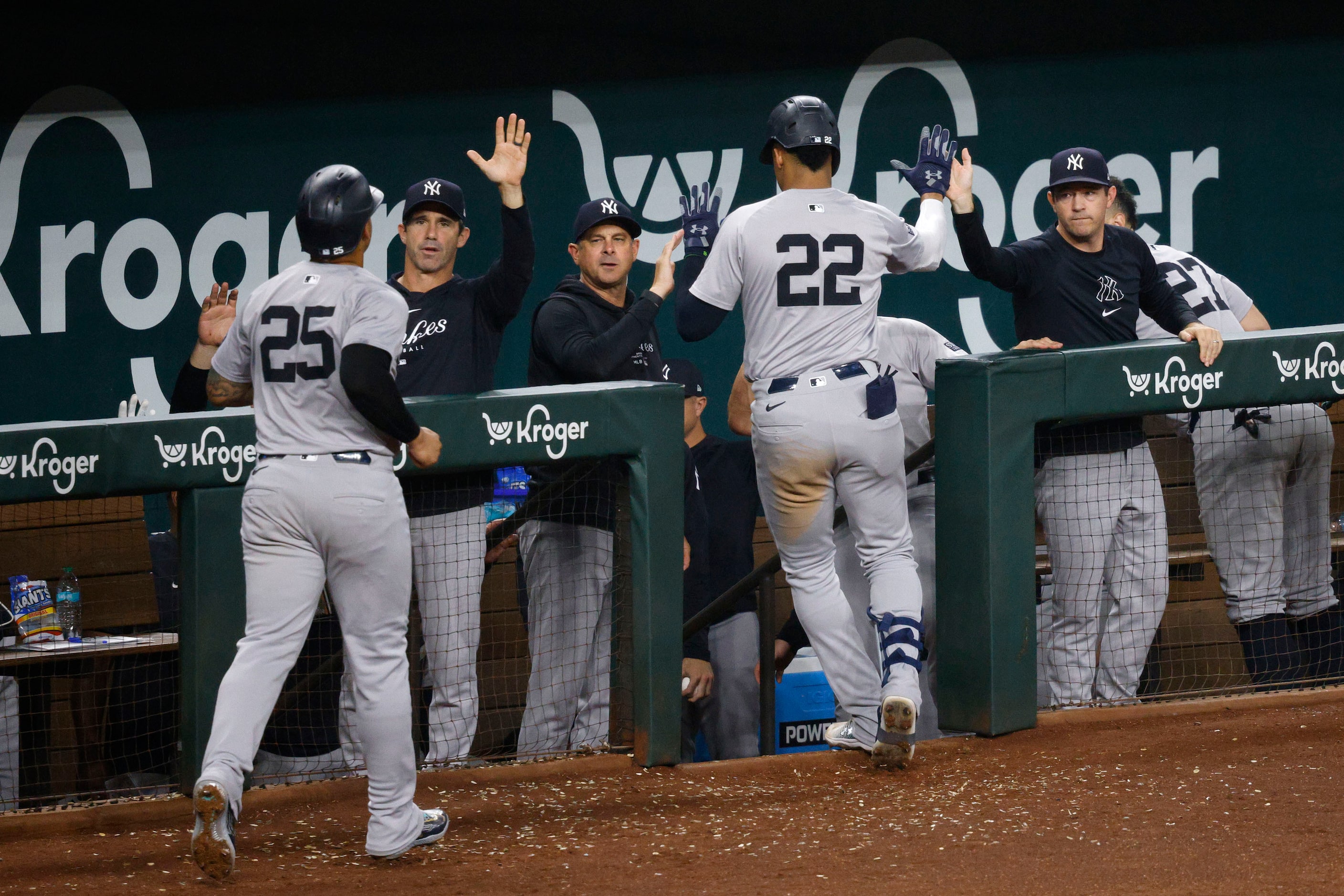 New York Yankees outfielder Juan Soto (22) gets a high-fives after hitting a home run during...