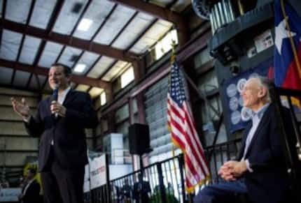  Sen. Ted Cruz of Texas, a Republican presidential hopeful, on stage with Texas Gov. Greg...
