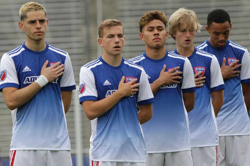 FC Dallas Academy U19s sing the national anthem at the 2018 Dallas Cup in the Cotton Bowl...