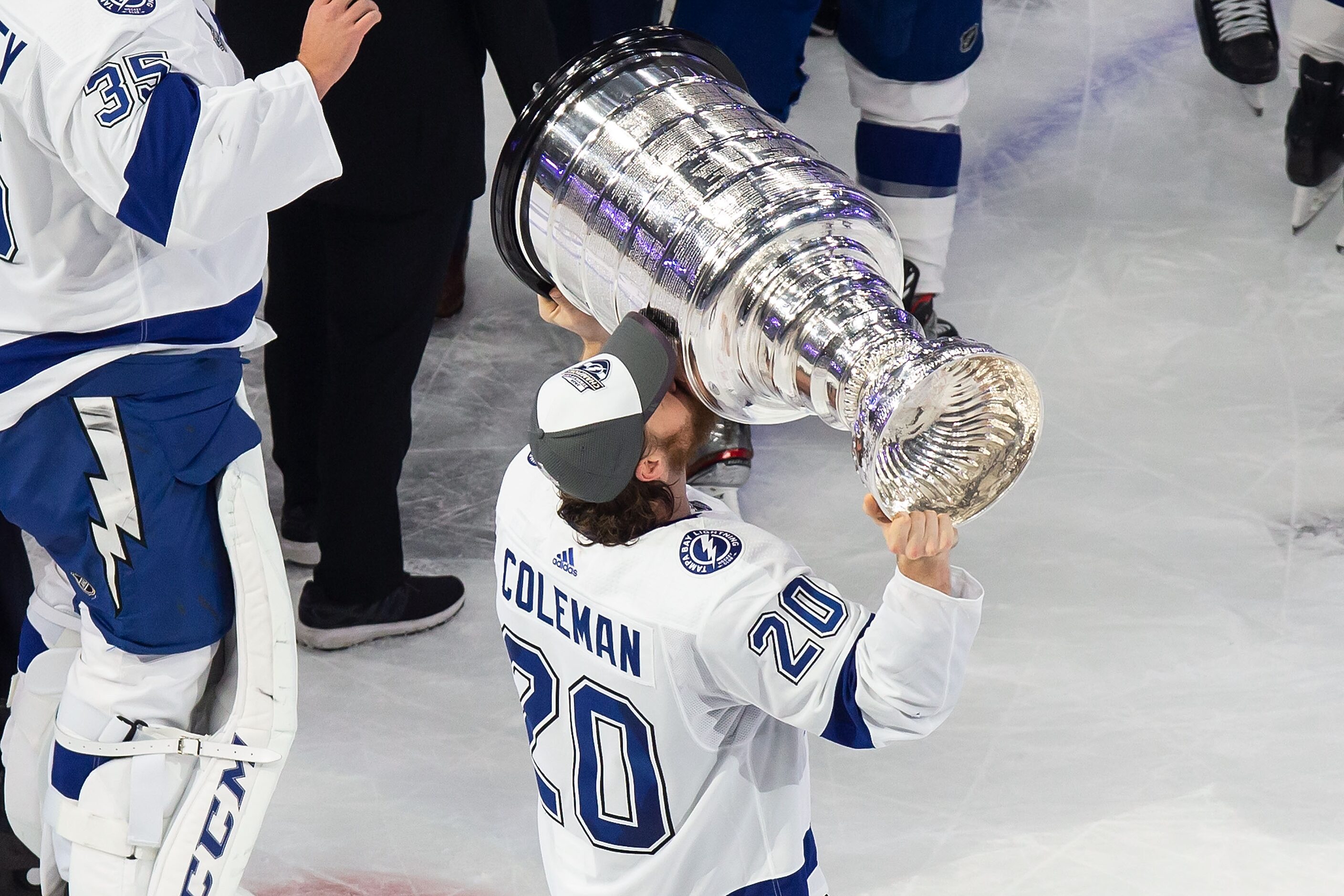 Blake Coleman (20) of the Tampa Bay Lightning hoists the Stanley Cup after defeating the...