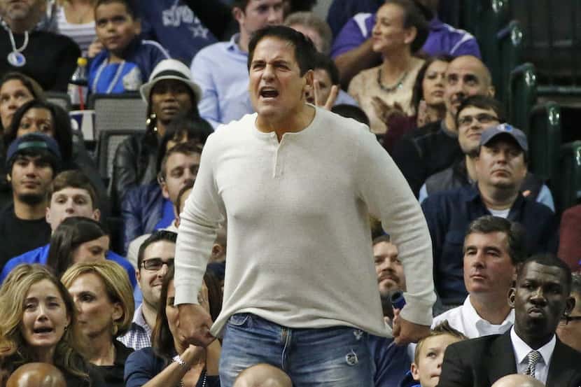 Dallas owner Mark Cuban voices his displeasure with an official's call in the second half...