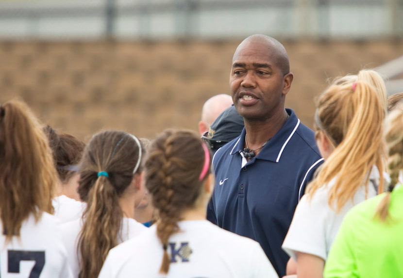 Keller coach Billy Griffiths speaks to his players before their game against Pflugerville...