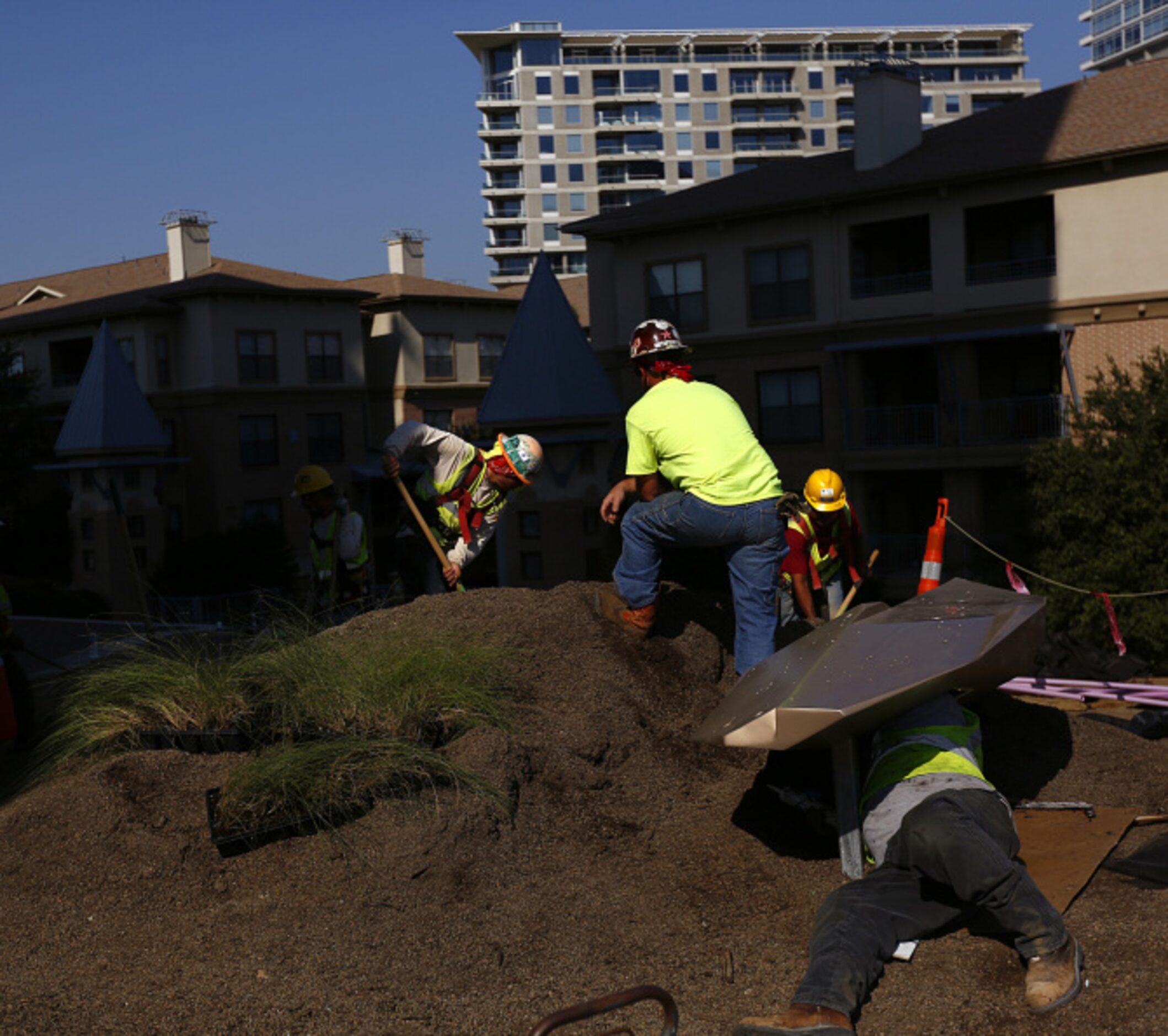 Workers plant drought-resistant Texas grasses on the museum's living roof.