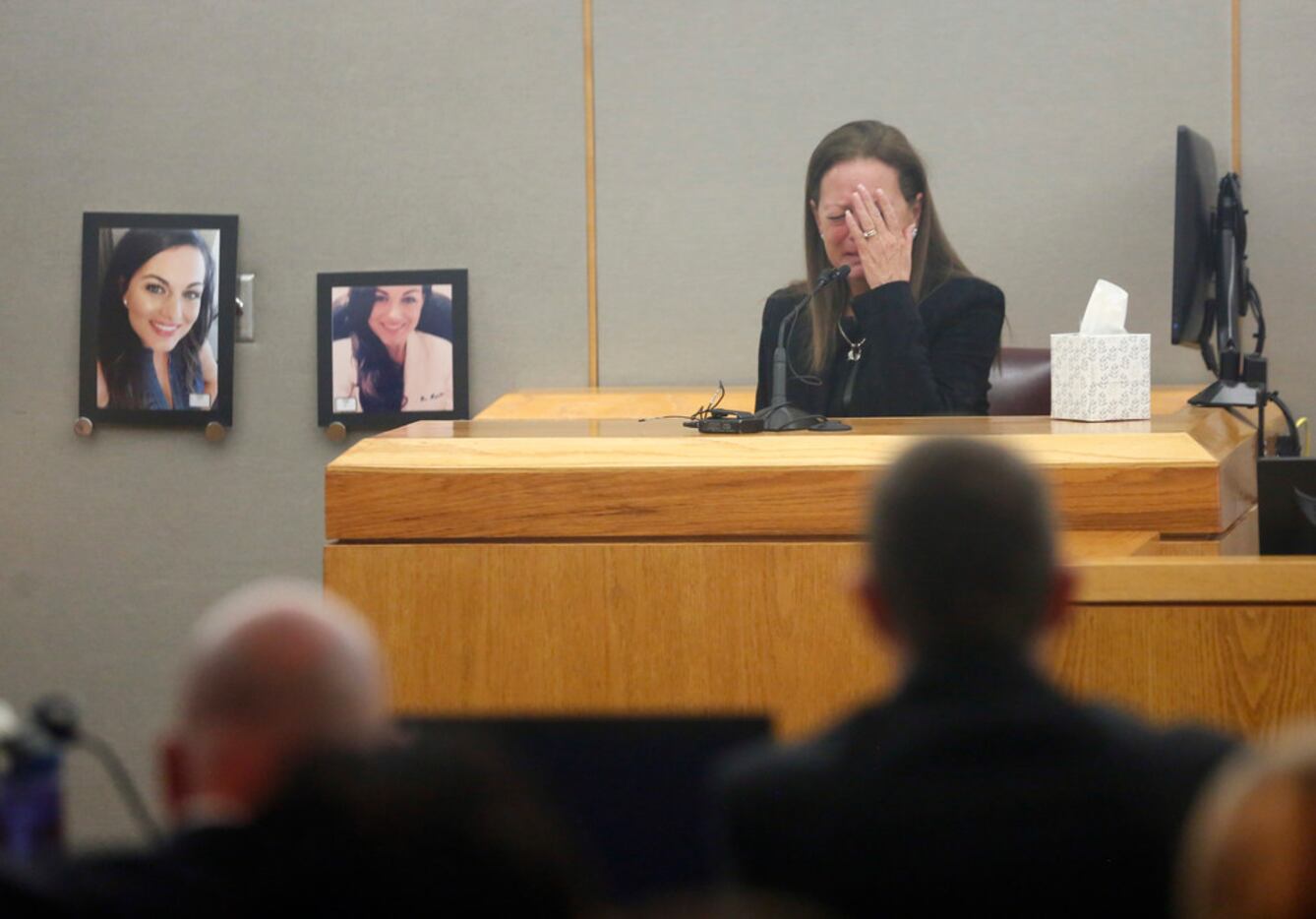 Bonnie Jameson, mother of Kendra Hatcher, covers her face as she gets emotional while on the...