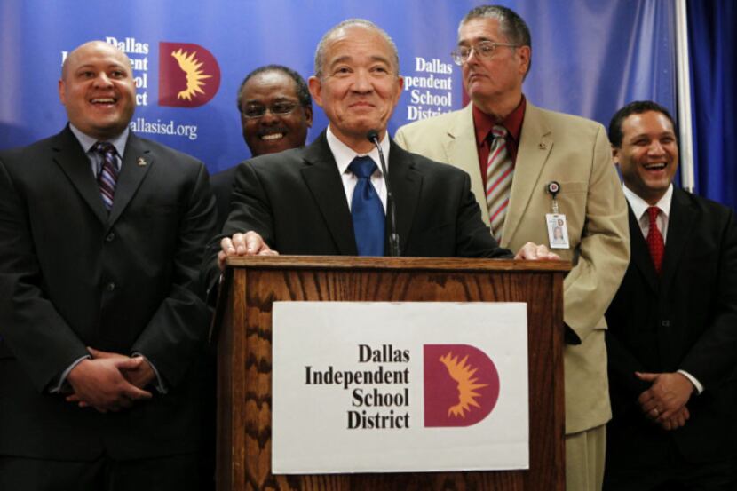 Mike Miles, backed by DISD Trustees addresses the media after being named as the only...