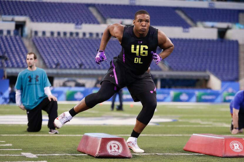 Mississippi defensive lineman Breeland Speaks runs a drill at the NFL football scouting...