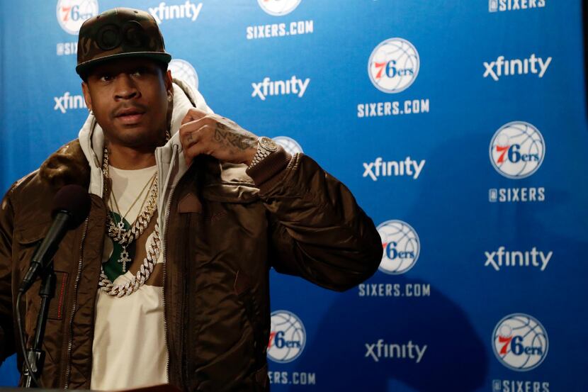 Former Philadelphia 76ers' Allen Iverson speaks to the media during a news conference before...