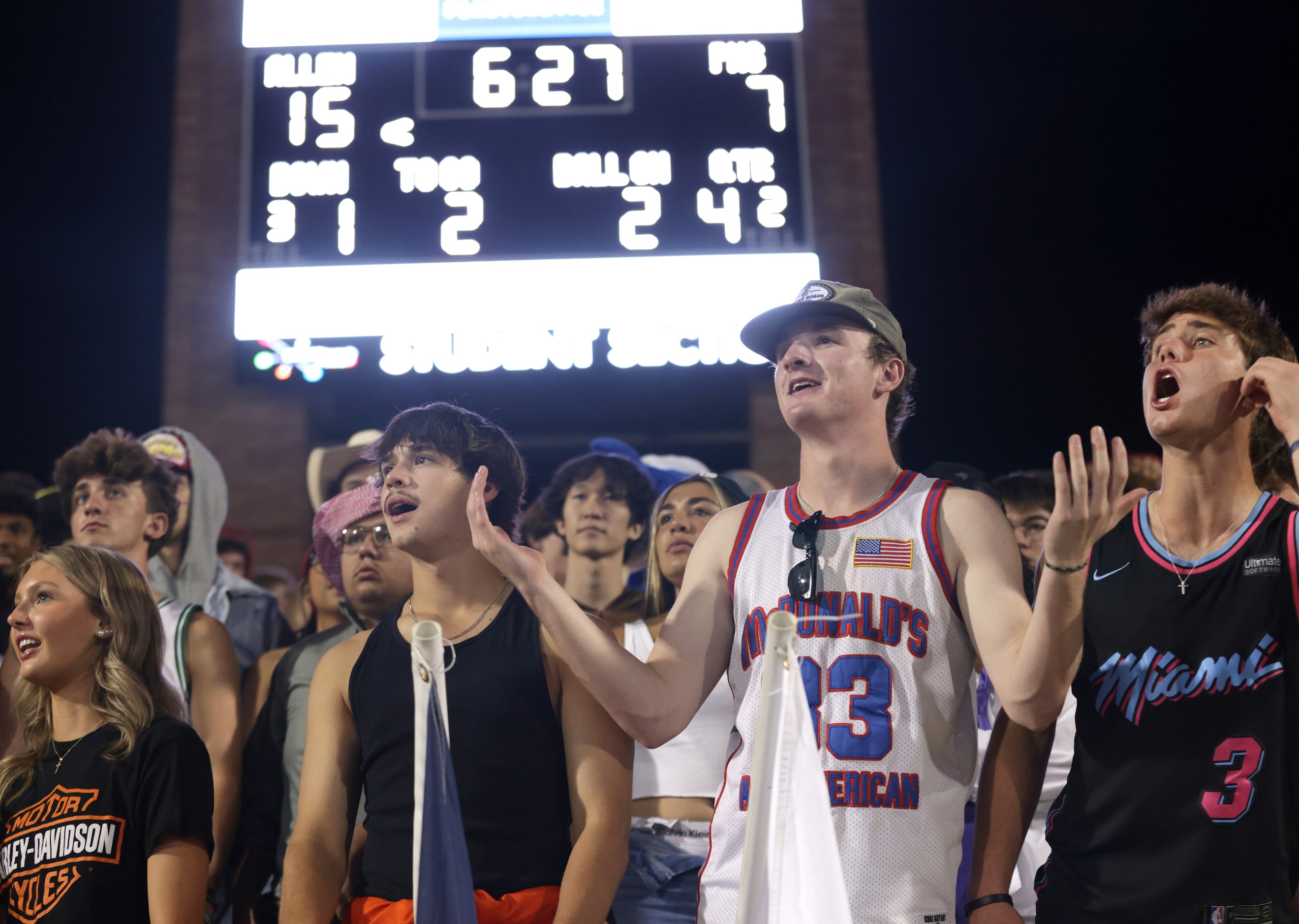 Allen fans get anxious after they're brought down 2 yards from the goal during the Prosper...