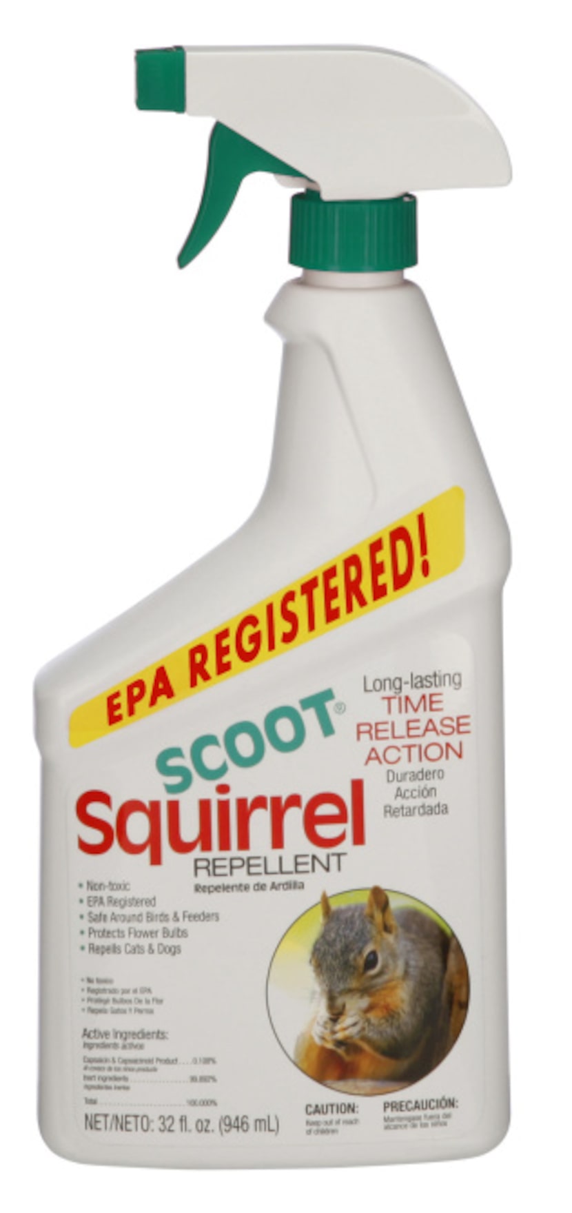 Scoot Squirrel Repellent, whose main active ingredient is capsaicin (hot pepper)