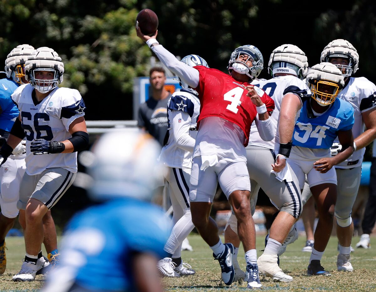 Dallas Cowboys quarterback Dak Prescott (4) heaves a Hail Mary pass to wide receiver Dennis...