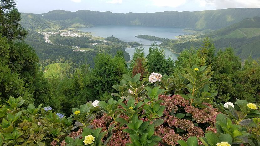 Sete Cidades, a three-mile-wide volcanic crater filled with lakes and a village, is the most...