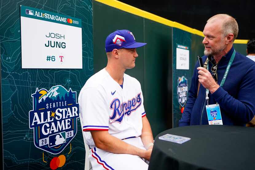 American League's Josh Jung, of the Texas Rangers, listens to a question during All-Star...