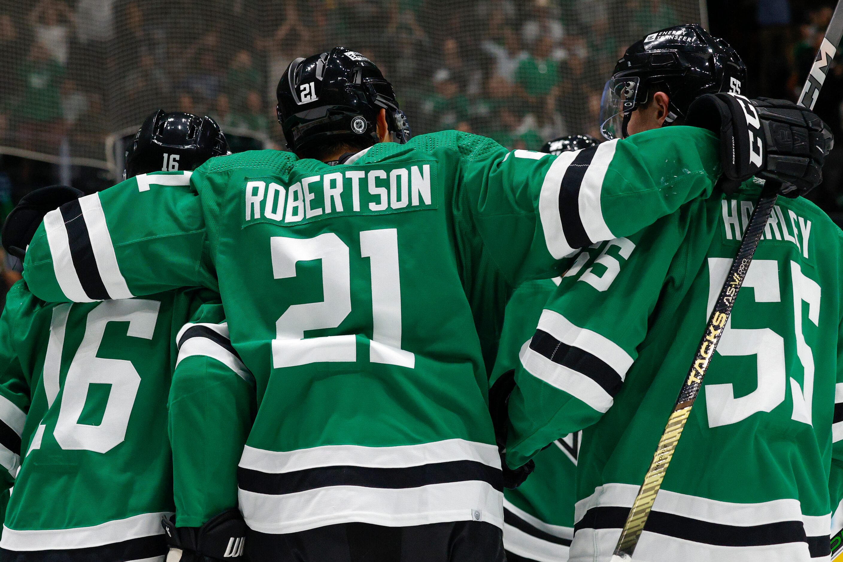 Dallas Stars center Joe Pavelski (16) celebrates his goal with left wing Jason Robertson...