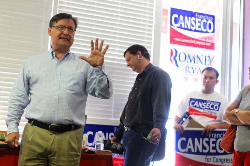 In this Oct. 20, 2012 photo, Francisco "Quico" Canseco speaks to volunteers and supporters...