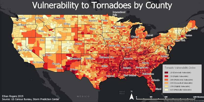 This map shows which counties in the U.S. are vulnerable to tornadoes.