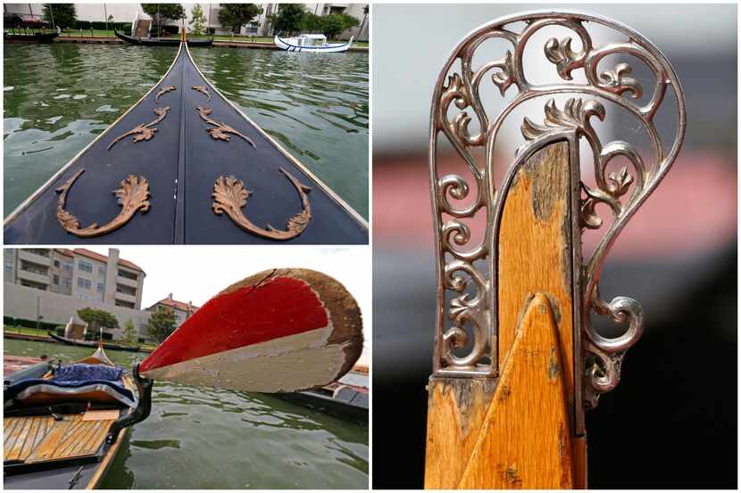 Closeup views of the bow, tail and oar of a gondola on Lake Carolyn in Irving, Texas.