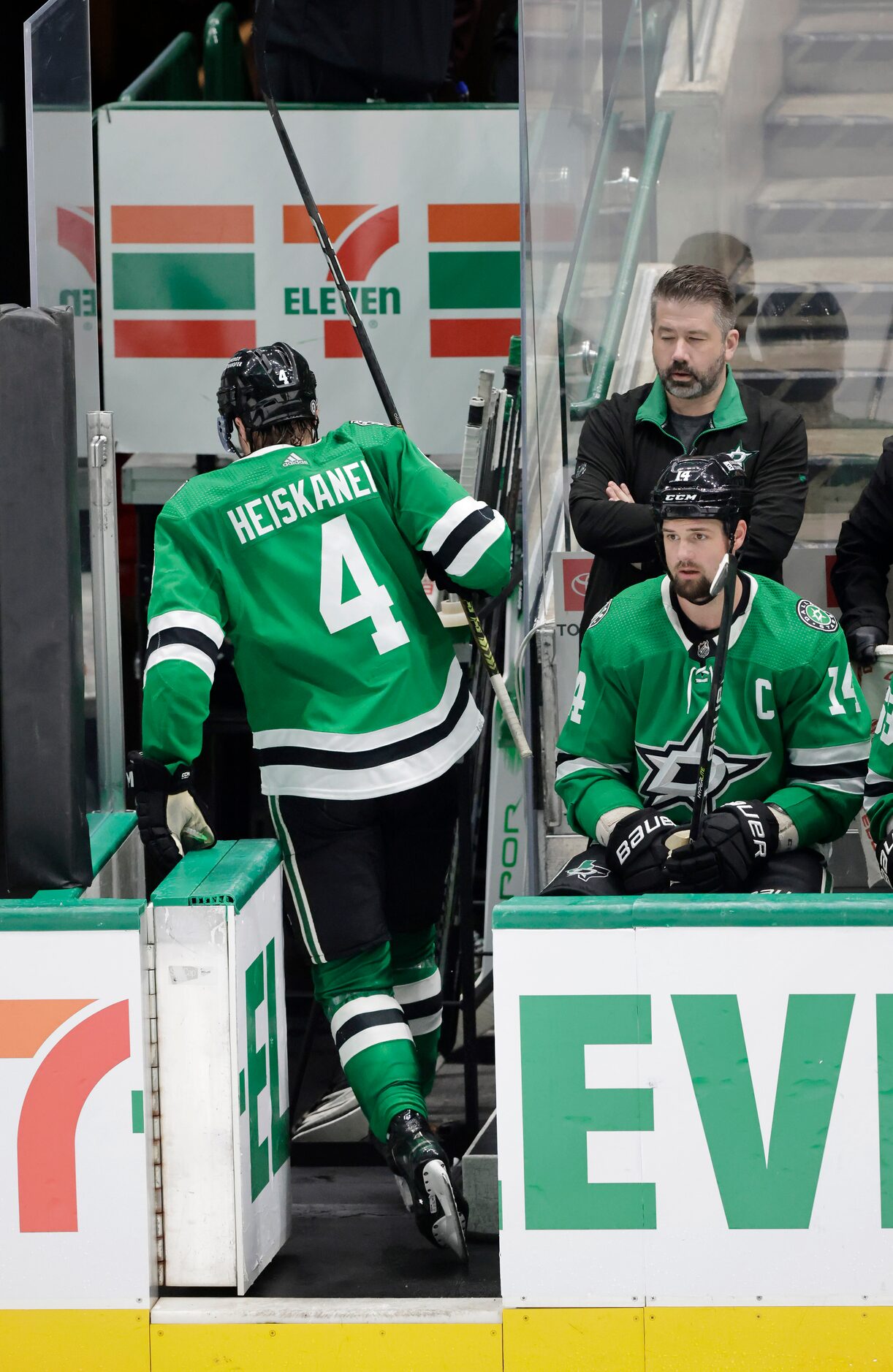 Dallas Stars defenseman Miro Heiskanen (4) heads the the locker room after drawing a...