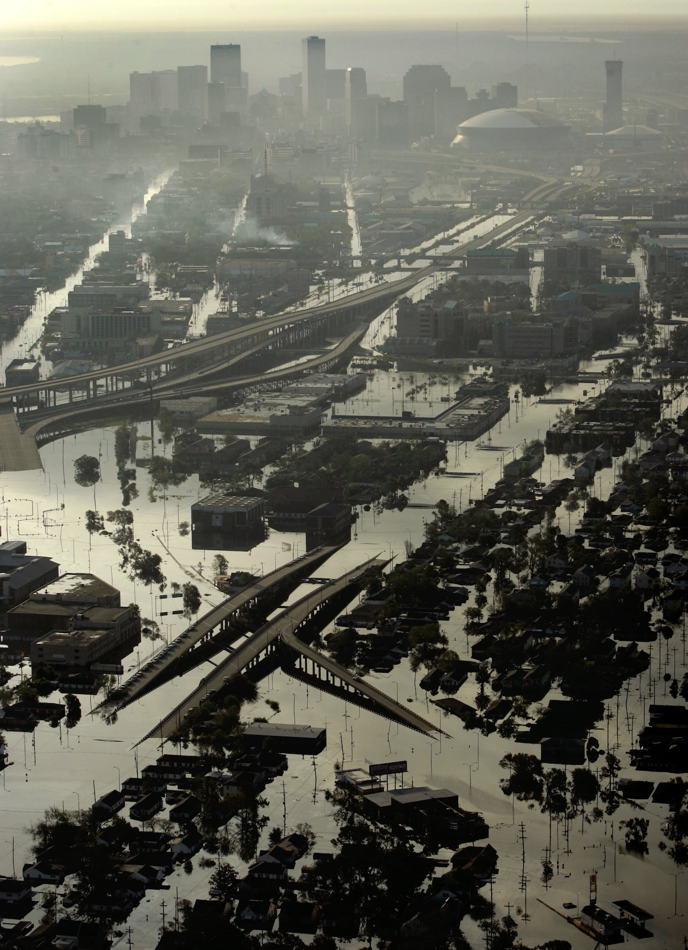 Highways, homes and buildings were swamped by water in a view of storm damage looking east...