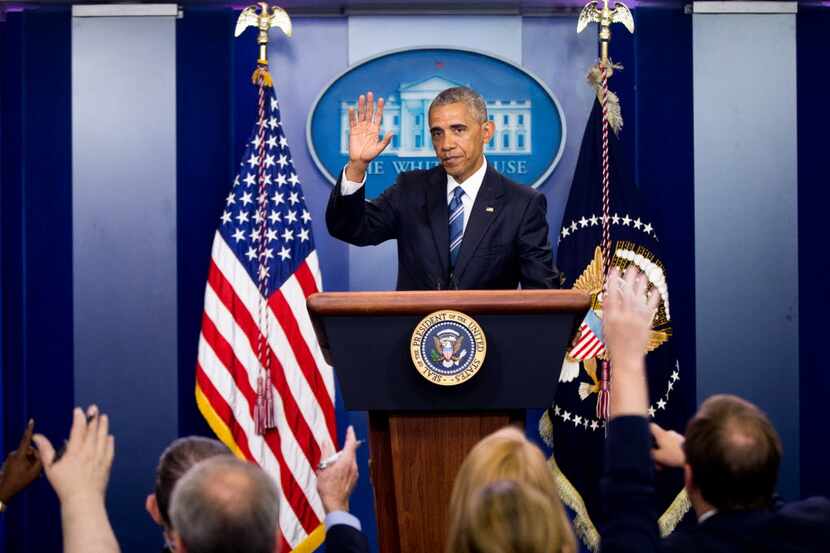 President Barack Obama departs after speaking in the White House briefing room, Thursday,...