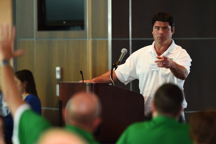 New UNT football coach Seth Litrell answers questions at the UNT fan/donors meeting at...