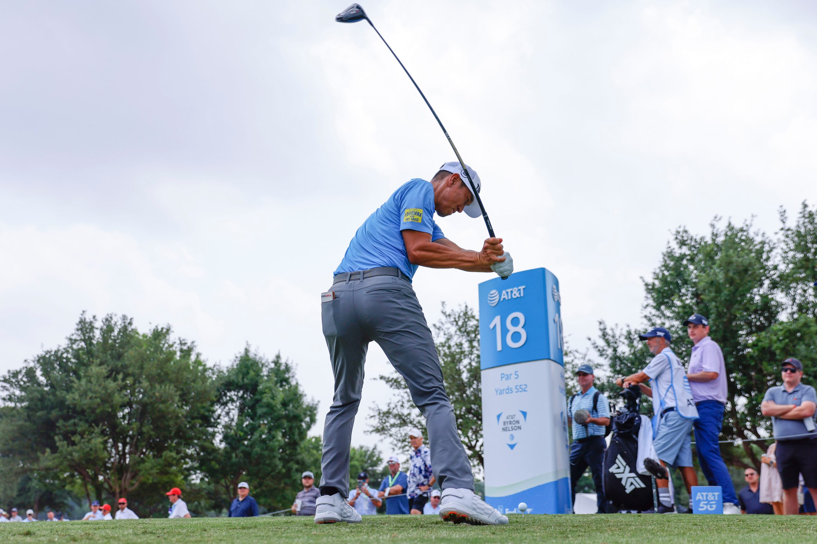 James Hahn, of the United States tees off on the 18th hole during the second round of the...