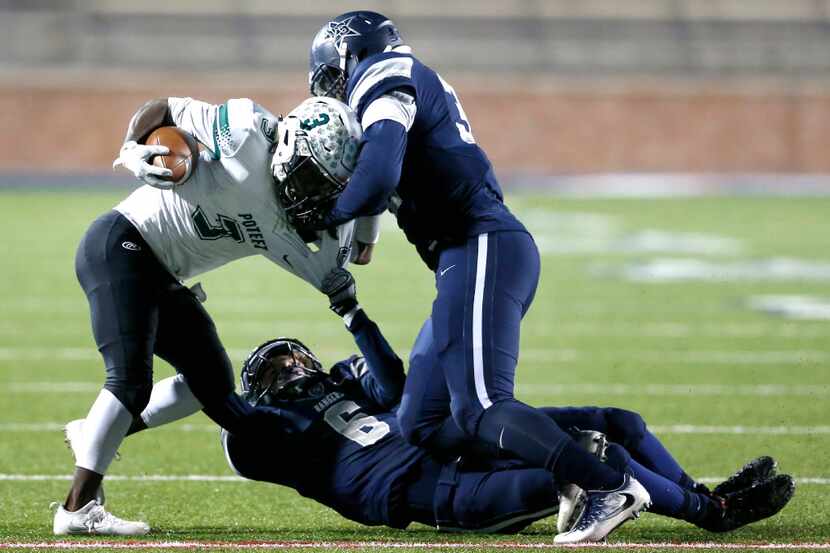 Mesquite Poteet wide receiver Aarmonie Morris (3) is tackled by Frisco Lone Star defensive...