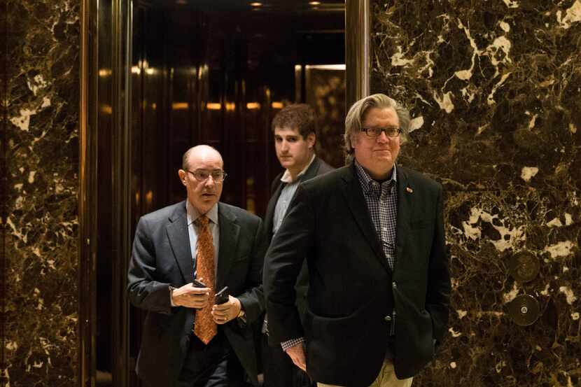 NEW YORK, NY - NOVEMBER 11: Trump campaign CEO Steve Bannon exits an elevator in the lobby...
