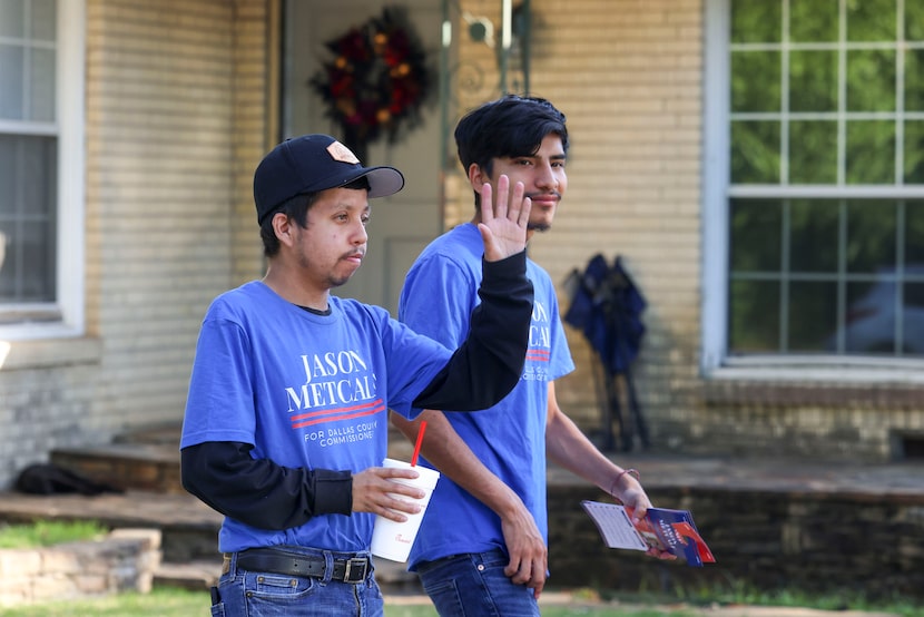 Joshua García (left) and Nicolas Quintanilla campaigns for Jason Metcalf for Dallas County...