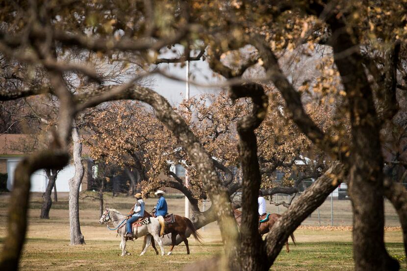 A group on horseback rides through Village Creek Park on Saturday, Dec. 24, 2016, in Fort...