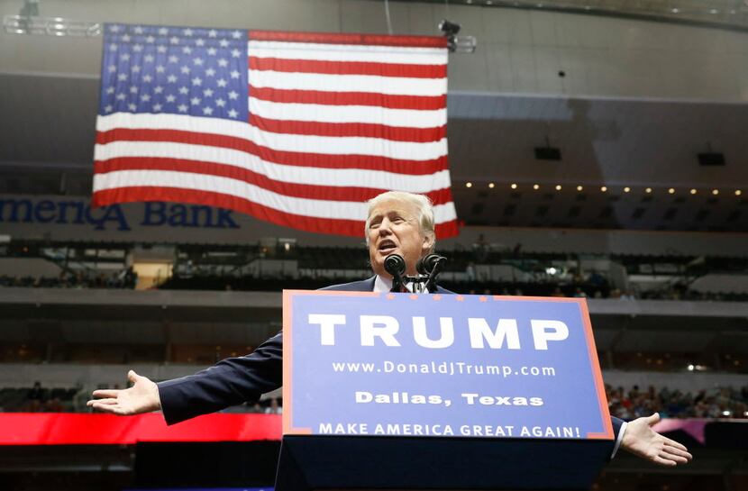  Republican presidential candidate Donald Trump speaks at American Airlines Center in...