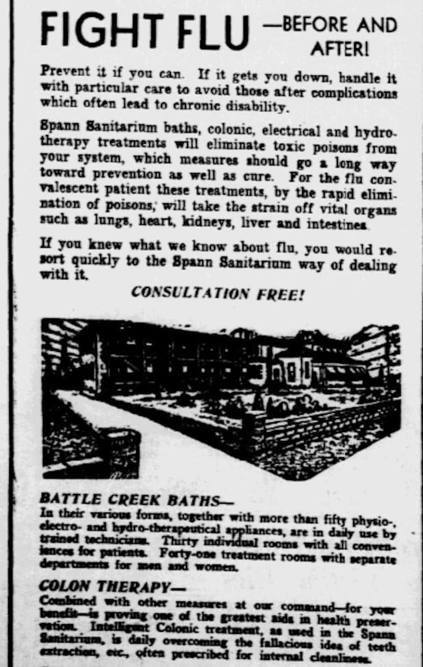 1932: Dallas' Spann Sanitarium offered a wide array of flu-fighting techniques, including...