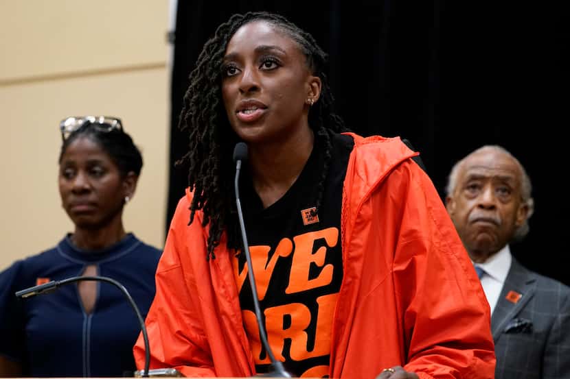 Nneka Ogwumike speaks at a news conference in Chicago, Friday, July 8, 2022. Cherelle...
