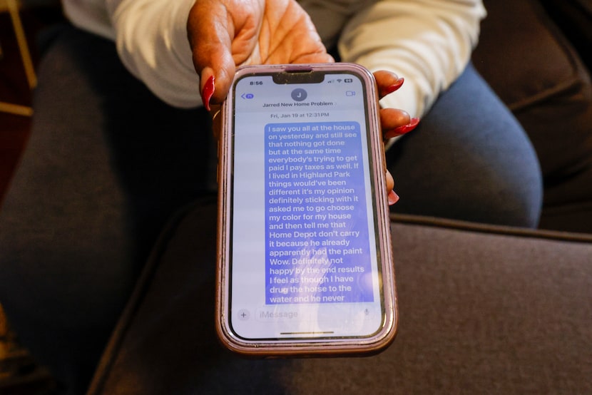 Zabrina Chism, 54, shows a text message she sent to city of Dallas staff after work with the...