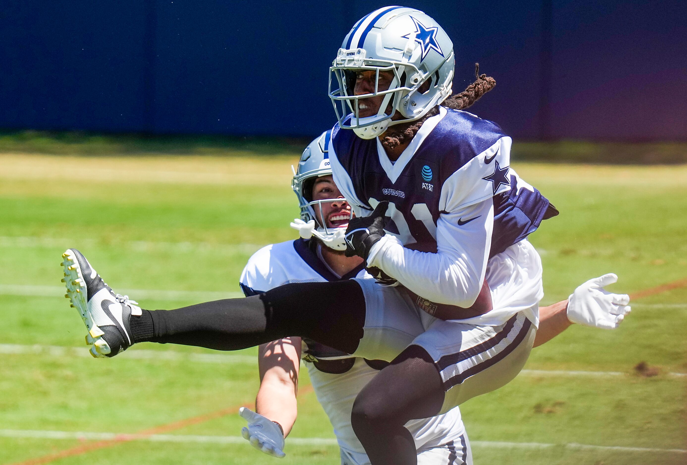 Dallas Cowboys cornerback Stephon Gilmore (21) intercepts a pass by quarterback Dak Prescott...