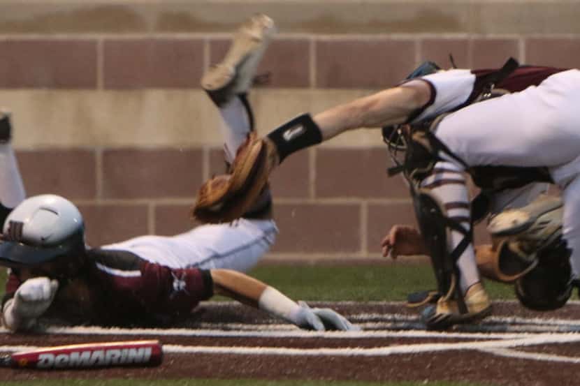 Wylie infielder Peyton Graham (2) leaves it all at the plate but is called out as he slides...