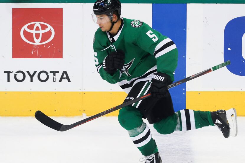 Dallas Stars defenseman Connor Carrick (5) breaks down the ice during the second period of a...