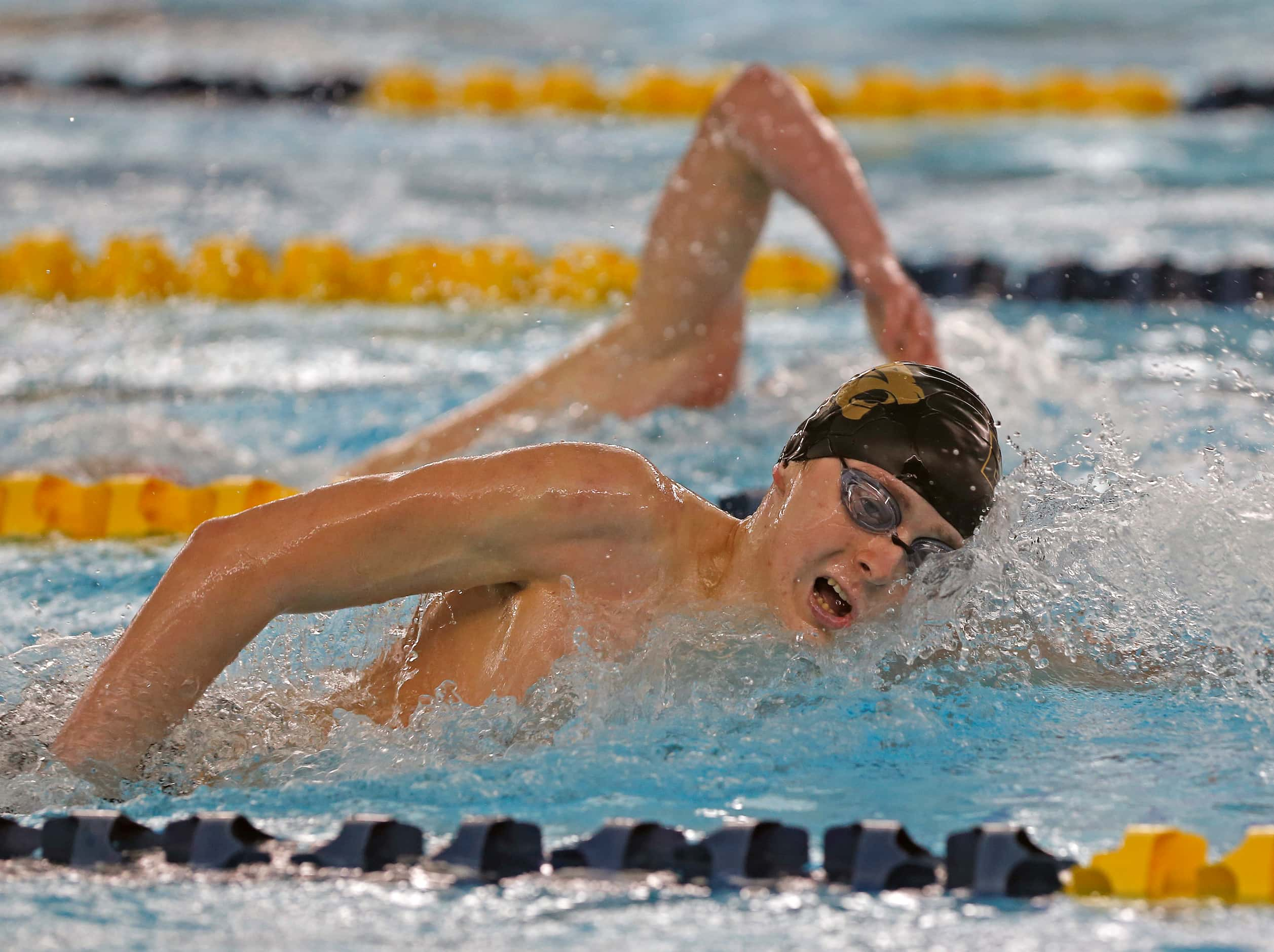 Trey Dickey, Plano East wins 500 yard Freestyle in UIL boys 6A swim finals on Friday,...